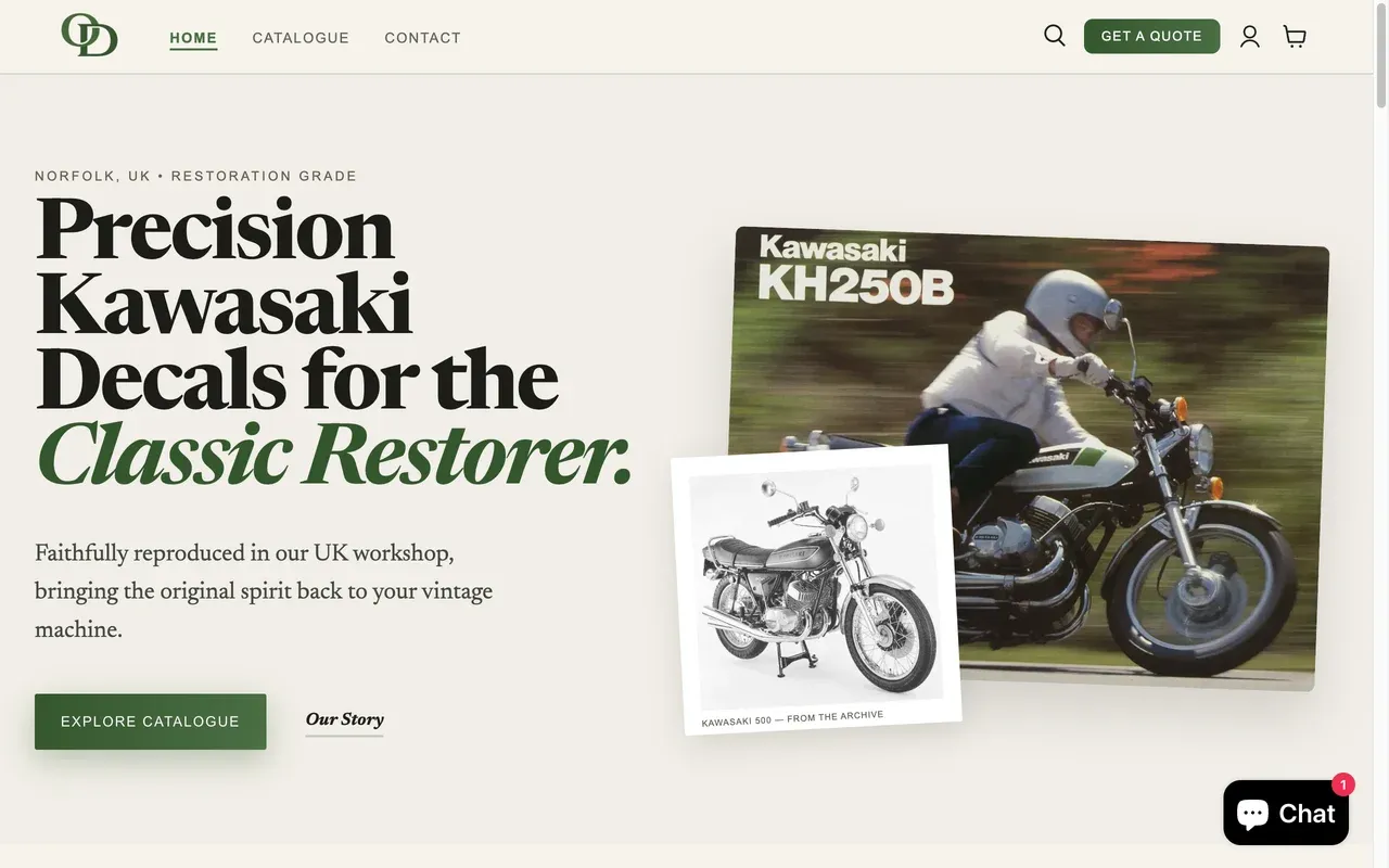 Orchard Classic Decals homepage on the new OCD theme — restored hero, model-line grouped browse, real customer testimonials, craftsmanship-led layout.