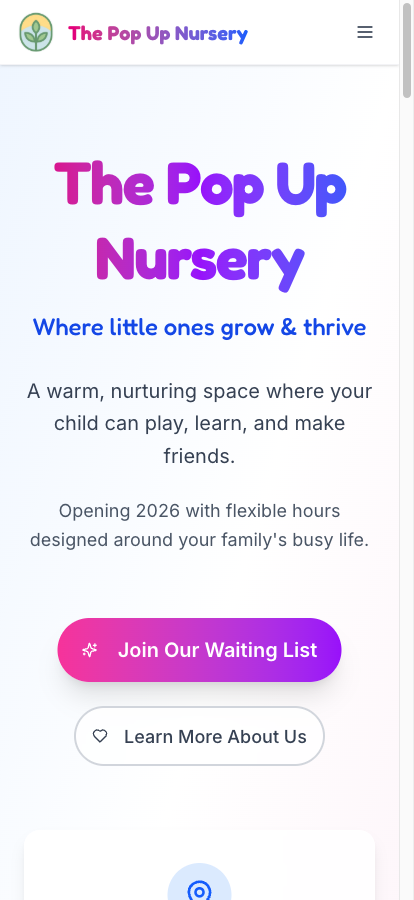 thepopupnursery.co.uk homepage — mobile nursery marketing site
