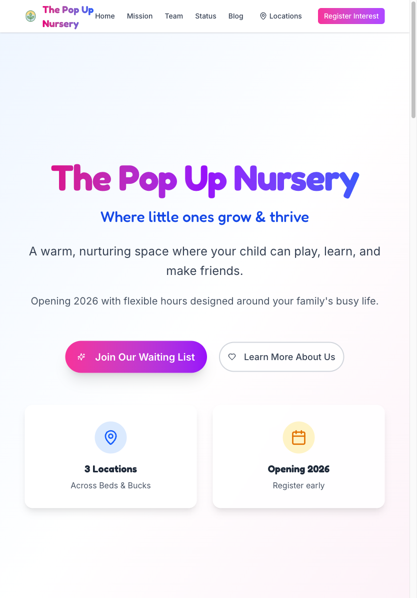 thepopupnursery.co.uk homepage — mobile nursery marketing site